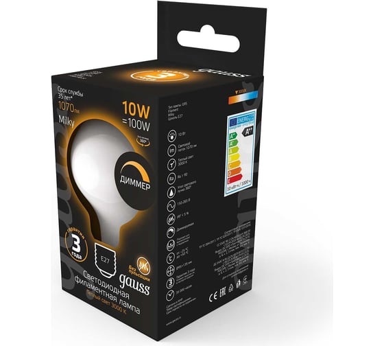 Лампа Gauss Filament G95 10W 1070lm 3000К Е27 milky диммируемая LED 189202110-D