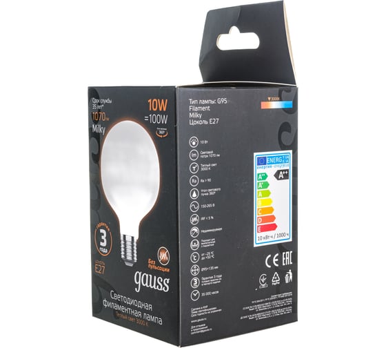 Лампа Gauss Filament G95 10W 1070lm 3000К Е27 milky LED 189202110