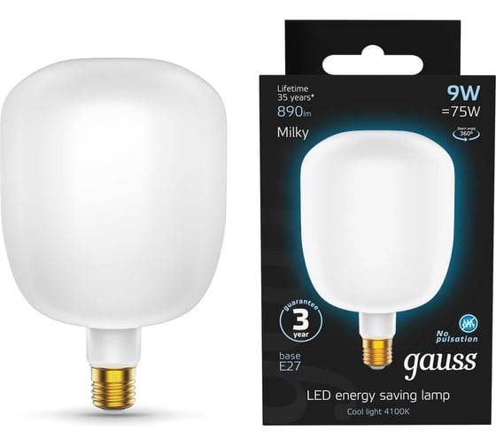 Лампа Gauss Filament, V140, 9W, 890lm, 4100К, Е27, milky, LED, 1/6 1015802209