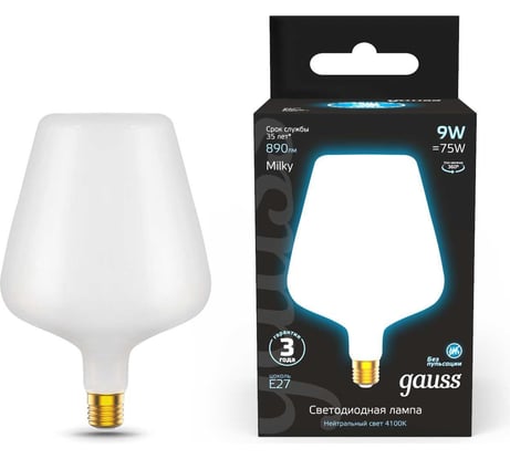 Лампа Gauss Filament, V160, 9W, 890lm, 4100К, Е27, milky, LED, 1/6 1016802209