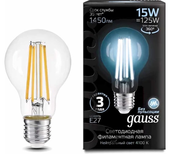 Лампа Gauss Filament А60 15W 1450Лм 4100К Е27 LED 1/10/40 102902215 1