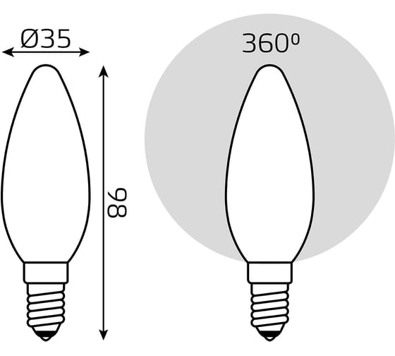 Лампа Gauss Filament, свеча, 9W, 590lm, 3000К, Е14, milky, LED, 1/10/50 103201109