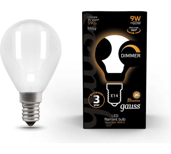 Лампа Gauss Filament, шар, 9W, 590lm, 3000К, Е14, milky, диммируемая, LED, 1/10/50 105201109-D