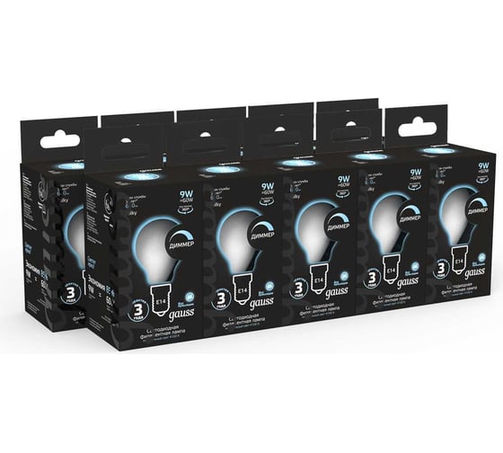 Лампа Gauss Filament шар, 9W, 610lm, 4100К, Е14, milky, диммируемая, LED, 1/10/50 105201209-D
