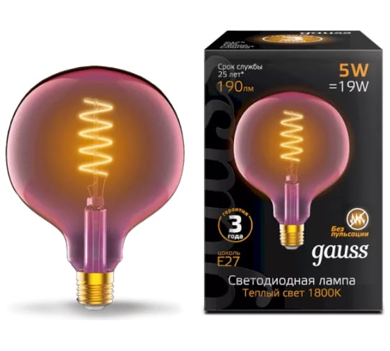 Лампа Gauss LED, Filament, Flexible, G125-C, Pink, E27, 5W, 190lm, 1800K, 125х178mm, 1/10 1011802105