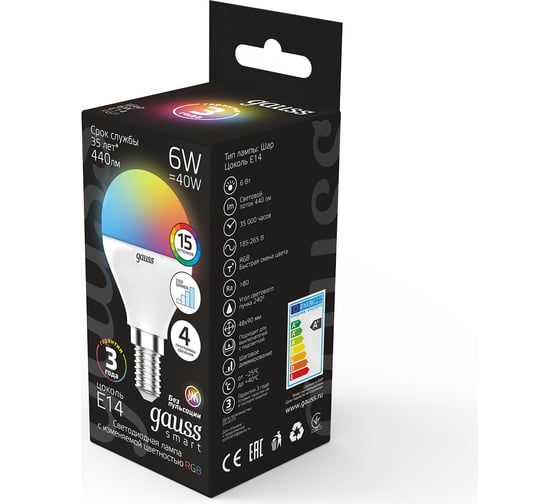 Лампа Gauss Smart LED, шар, G45, 6W, E14, RGBW+dim, 1/10/100 105101406
