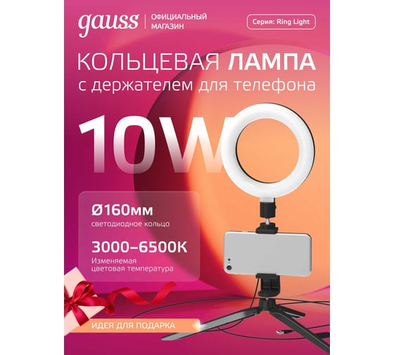 Кольцевой светодиодный светильник Gauss с комплектом креплений для установки телефона RL001