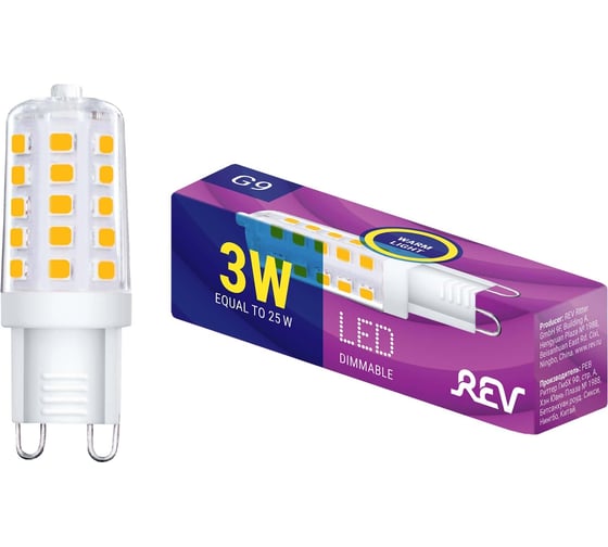 Светодиодная лампа REV JCD G9 3W, 2700K, теплый свет, диммируемая 32382 2