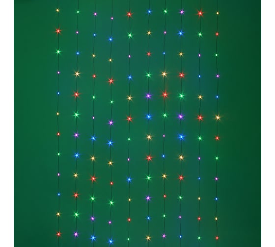 Гирлянда электрическая Сноубум занавес нить 200 LED, 2х2м, 10 нитей, мульти, 8 реж, медь, 220В (12V) 382-092