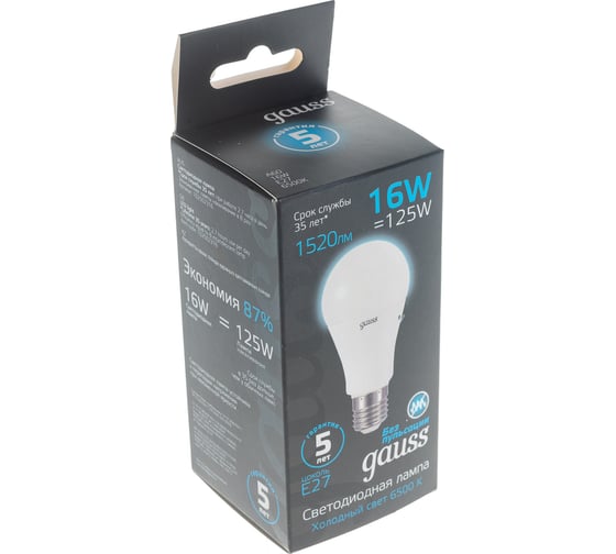 Лампа GAUSS A60 16W 1520lm 6500K E27 LED 1/10/50 102502316