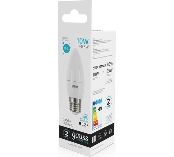 Лампа GAUSS Elementary Свеча 10W 750lm 4100K E27 LED 1/10/100 30220
