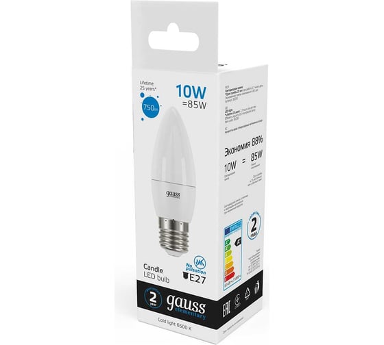 Лампа GAUSS Elementary Свеча 10W 750lm 6500K E27 LED 1/10/100 30230
