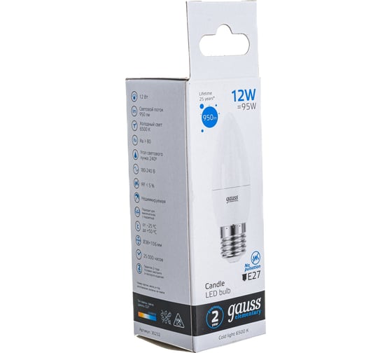 Лампа GAUSS Elementary Свеча 12W 950lm 6500K E27 LED 1/10/100 30232