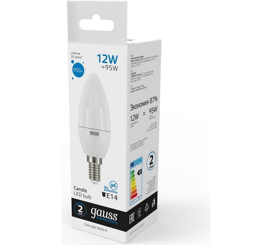 Лампа GAUSS Elementary Свеча 12W 950lm 6500K Е14 LED 1/10/100 33132