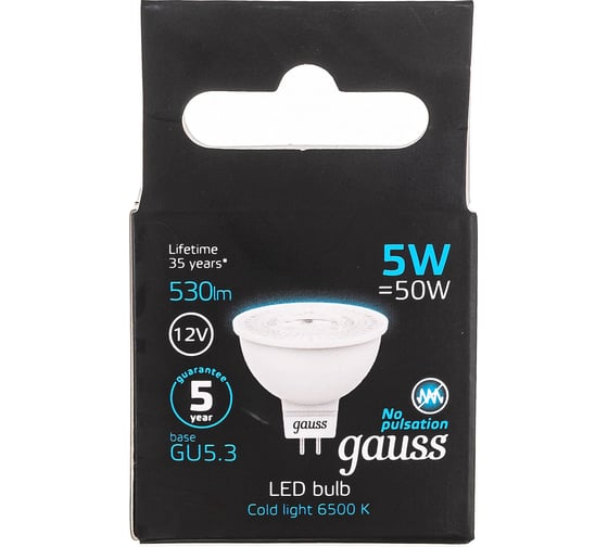 Лампа Gauss MR16 12V 5W 530lm 6500K GU5.3 LED 201505305