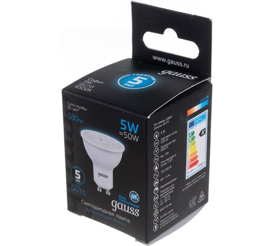 Лампа GAUSS MR16 5W 530lm 6500K GU10 LED 1/10/100 101506305
