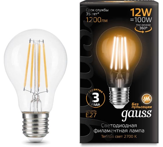 Лампа GAUSS Filament А60 12W 1200lm 2700К Е27 LED 1/10/40 102902112 16856575