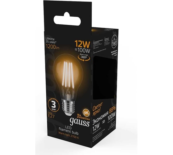 Лампа GAUSS Filament А60 12W 1200lm 2700К Е27 LED 1/10/40 102902112