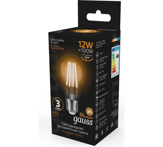 Лампа GAUSS Filament А60 12W 1200lm 2700К Е27 LED 1/10/40 102902112