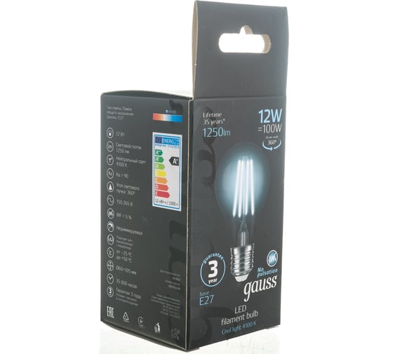 Лампа GAUSS Filament А60 12W 1250lm 4100К Е27 LED 1/10/40 102902212