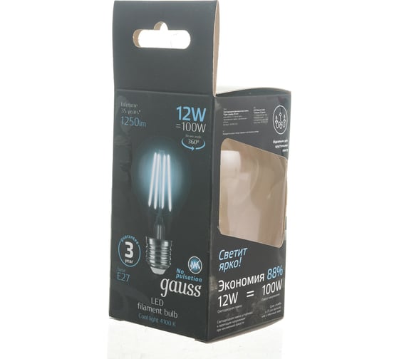 Лампа GAUSS Filament А60 12W 1250lm 4100К Е27 LED 1/10/40 102902212