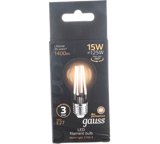 Лампа GAUSS Filament А60 15W 1400lm 2700К Е27 LED 1/10/40 102902115