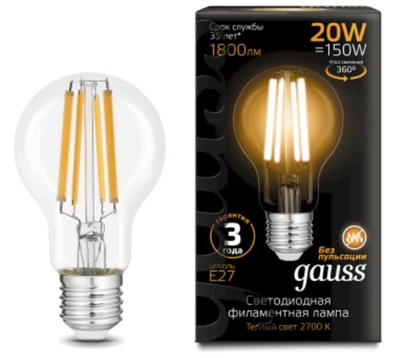 Лампа GAUSS Filament А60 20W 1800lm 2700К Е27 LED 1/10/40 102902120 16856407