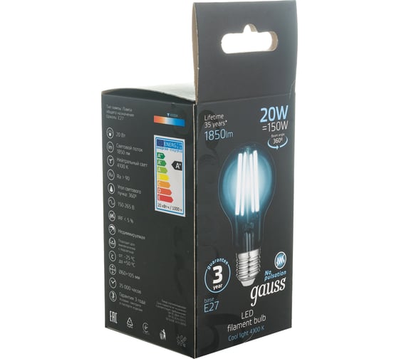 Лампа GAUSS Filament А60 20W 1850lm 4100К Е27 LED 1/10/40 102902220