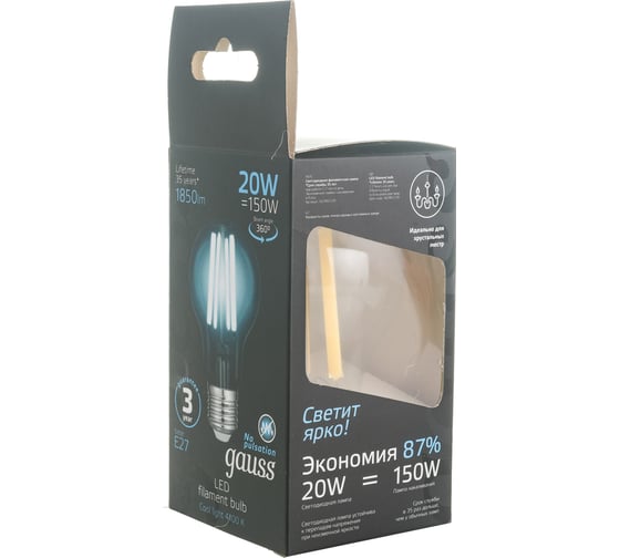 Лампа GAUSS Filament А60 20W 1850lm 4100К Е27 LED 1/10/40 102902220