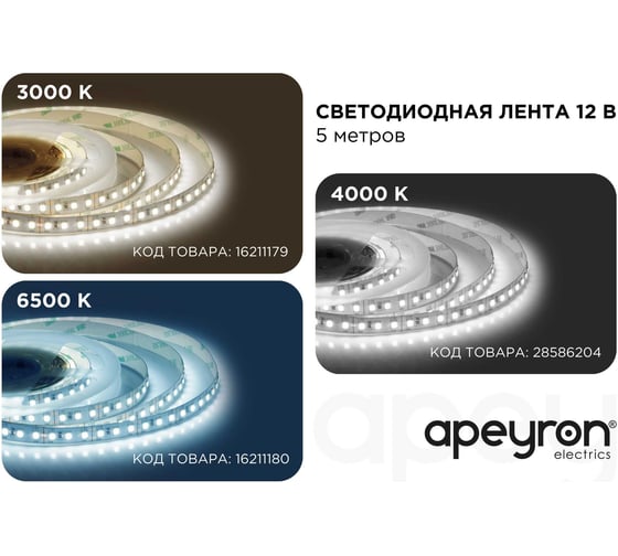 Светодиодная лента Apeyron 12В, 14,4Вт/м, smd2835, 5м, 6500К / 00-52