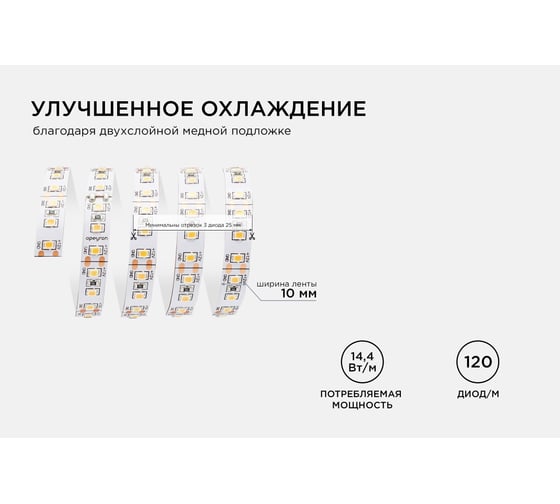 Светодиодная лента Apeyron 12В, 14,4Вт/м, smd2835, 5м, 3000К 00-51