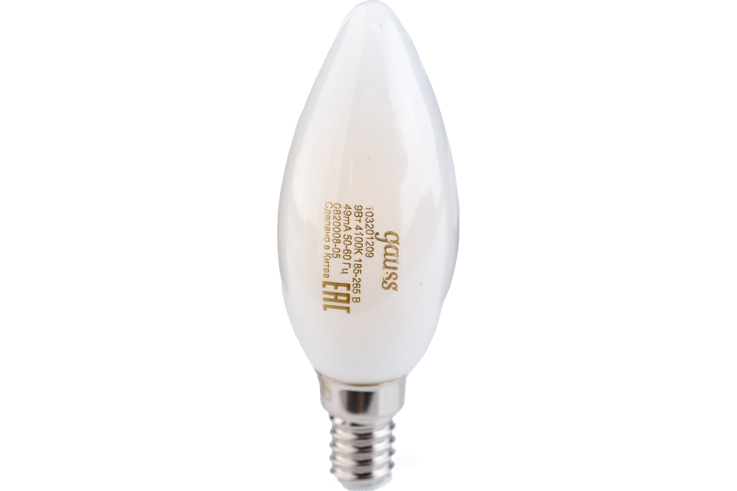 ЛампаGaussFilamentсвеча,9W,610lm,4100К,Е14,milkyLED,1/10/50103201209