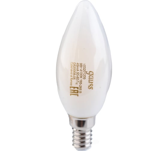 Лампа Gauss Filament свеча, 9W, 610lm, 4100К, Е14, milky LED, 1/10/50 103201209 16436805