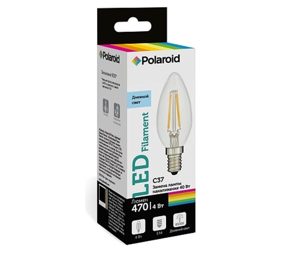 Светодиодная лампа Polaroid 220V C37 FIL 4W 6500K E14 470lm PL-C37F4146