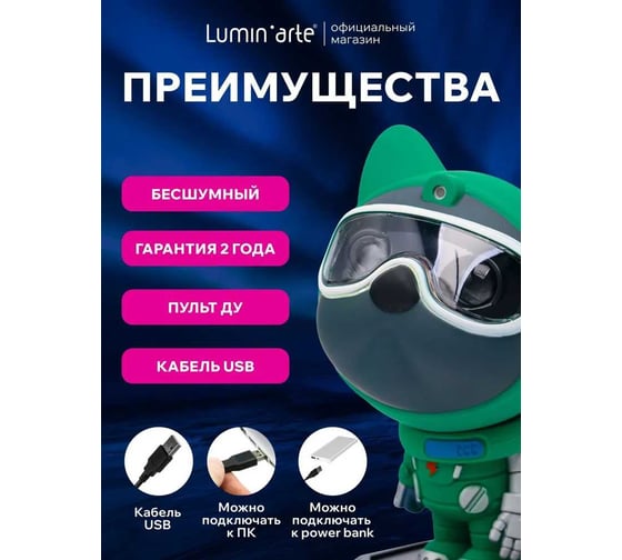 Ночник проектор Lumin'arte детский, космонавт пёс, зеленый, с ПДУ, звездное небо галактика TL01
