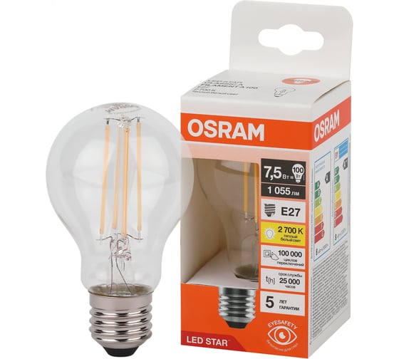 Лампочка светодиодная филаментная OSRAM LSCLA100 7,5W/827230VFILCLE2710x1RU 4058075684126