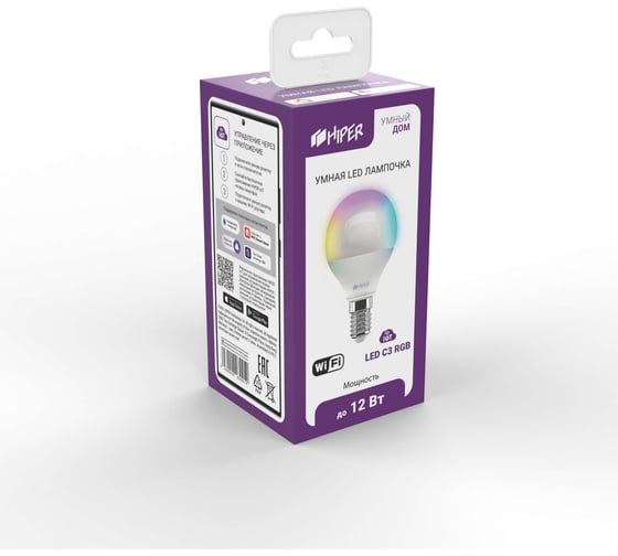 Умная LED лампочка HIPER Smart LED bulb IoT LED C3 RGB Wi-Fi/ Е14/ Globe P45 IOT LED C3 RGB