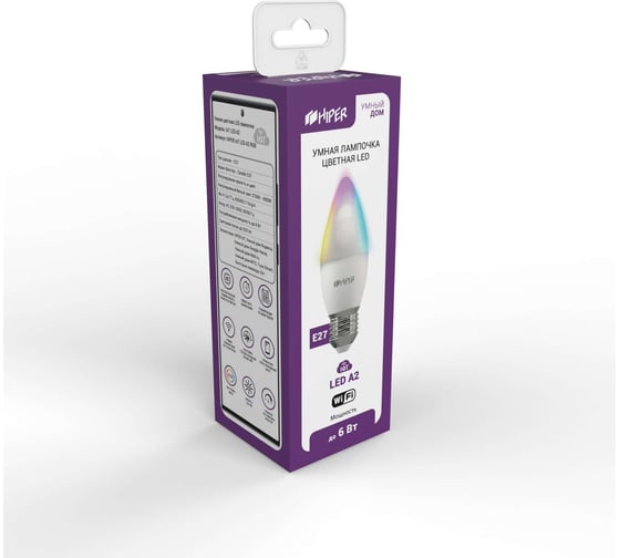 Умная LED лампочка HIPER Smart LED bulb IoT LED A2 RGB Wi-Fi/ Е27/ Candle C37 IOT LED A2 RGB