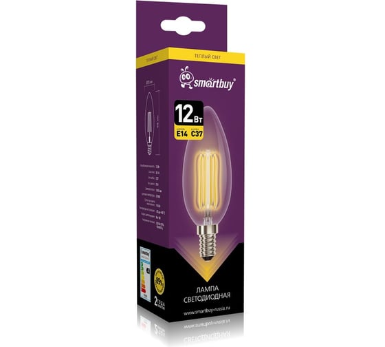 Светодиодная лампа Smartbuy (LED) FIL-C37-12Вт/2700К/E14 SBL-C37F-12-27K-E14