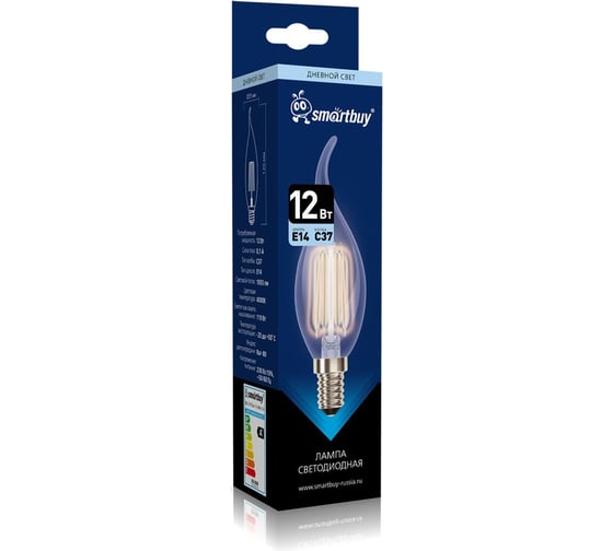 Светодиодная лампа Smartbuy (LED) FIL-C37-12Вт/4000К/E14 свеча на ветру SBL-C37FCAN-12-40K-E14