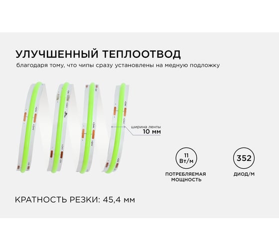 Общее освещение светодиодной лентой Apeyron 2м, 24В, 11Вт/м, COB, 352д/м, IP20, зел. 184ОО