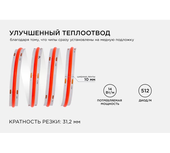 Общее освещение светодиодной лентой Apeyron 5м, 24В, 14Вт/м, COB, 512д/м, IP20, крас. / 214ОО