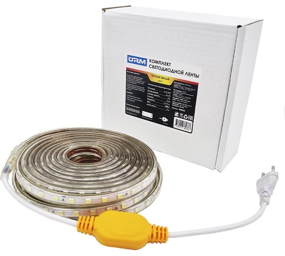 Комплект светодиодной ленты URM SMD 5050, 60 LED, 220 В, 14.4 Вт, IP67, теплый белый 3000 К 10м N02033