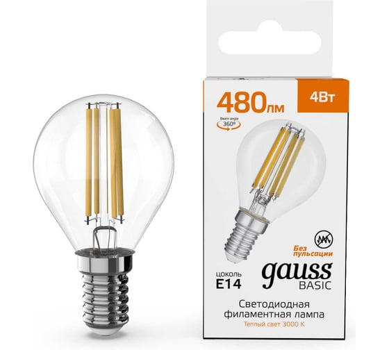 Лампа Gauss Basic Filament Шар 4W 480lm 3000K E14 LED 50512142