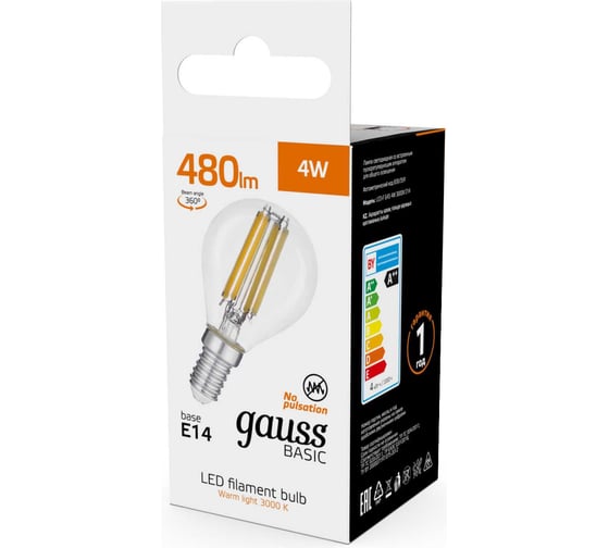 Лампа Gauss Basic Filament Шар 4W 480lm 3000K E14 LED 50512142