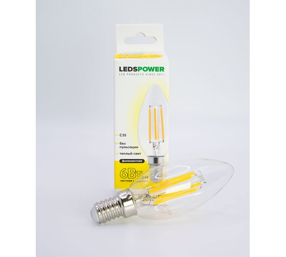Светодиодная лампа LEDS POWER Filament C35 E14 6Вт 3000К 007076