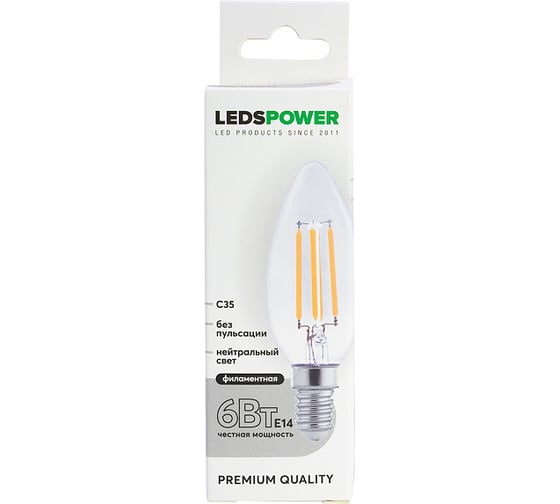 Светодиодная лампа LEDS POWER Filament C35 E14 6Вт 4000К 007083