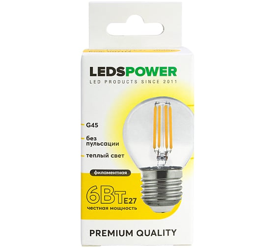 Светодиодная лампа LEDS POWER Filament G45 E27 6Вт 3000К 007113