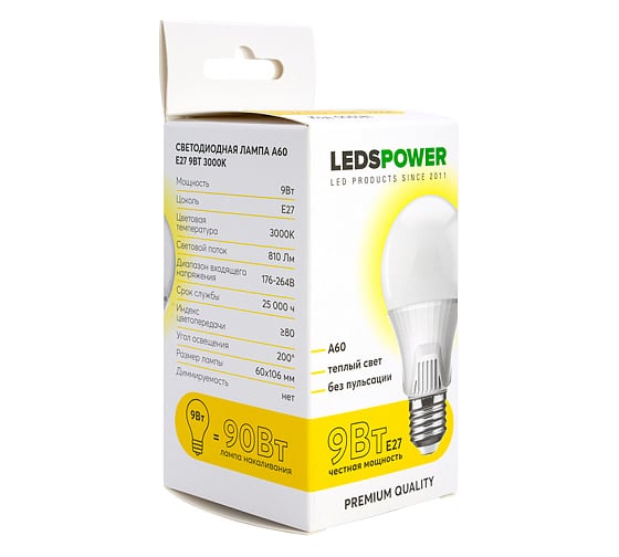 Светодиодная лампа LEDS POWER A60 E27 9Вт 3000К 006581