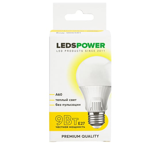 Светодиодная лампа LEDS POWER A60 E27 9Вт 3000К 006581